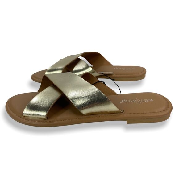 WOMEN'S SMALL (5/6) Metallic Gold Casual Flat Crossover Slide Sandals Cushioned - Picture 6 of 14
